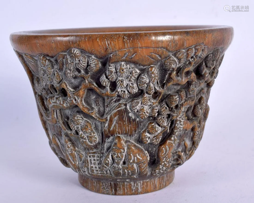 A CHINESE CARVED BUFFALO HORN TYPE LIBATION CUP 20th Century...