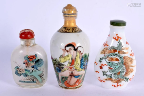 THREE CHINESE SNUFF BOTTLES 20th Century. Largest 9.5 cm hig...