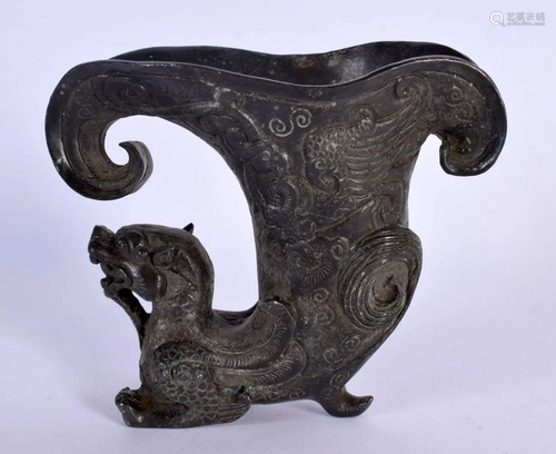 AN EARLY 20TH CENTURY CHINESE BRONZE RHYTON LIBATION CUP Lat...