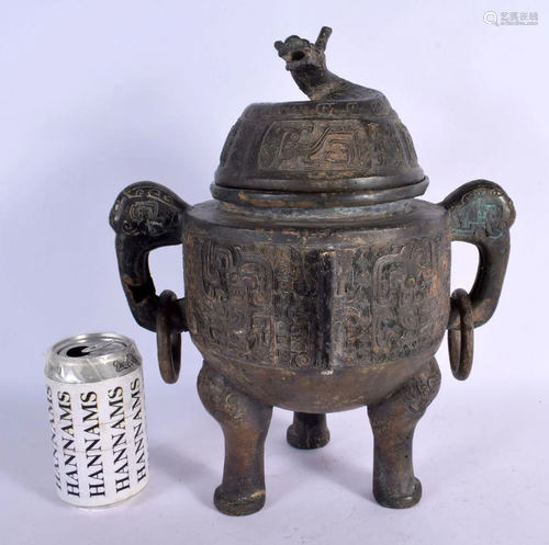 A LARGE EARLY 20TH CENTURY CHINESE TWIN HANDLED BRONZE CENSE...