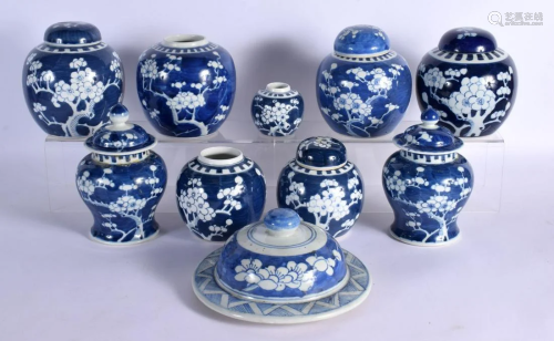 A GROUP OF NINE 19TH/20TH CENTURY CHINESE BLUE AND WHITE GIN...