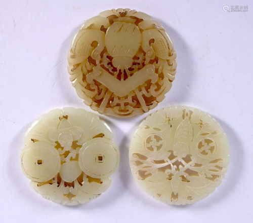 THREE EARLY 20TH CENTURY CHINESE CARVED JADE ROUNDELS Late Q...