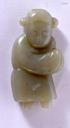 A 19TH CENTURY CHINESE CARVED GREEN JADE FIGURE OF A MALE Qi...