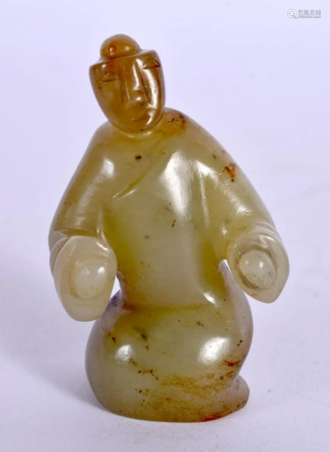 A 19TH CENTURY CHINESE CARVED GREEN JADE FIGURE OF A MAN Qin...
