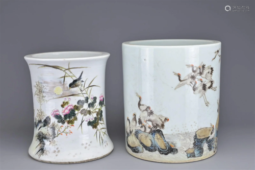 TWO CHINESE PORCELAIN BRUSH POTS, MID 20TH CENTURY