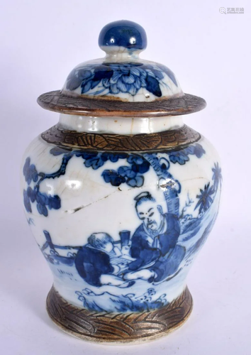 A 19TH CENTURY CHINESE BLUE AND WHITE CRACKLE GLAZED VASE AN...