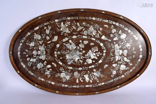 A LARGE 19TH CENTURY CHINESE HONGMU MOTHER OF PEARL TRAY dec...