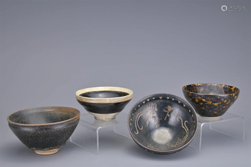 FOUR CHINESE BLACK-GLAZED TEA BOWLS