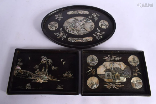 THREE 19TH CENTURY CHINESE HONGMU MOTHER OF PEARL INLAID TRA...