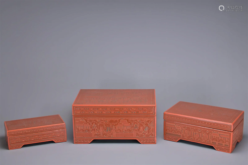 A SET OF THREE BURMESE RED LACQUER BOXES