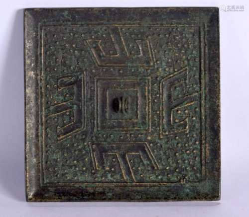 A CHINESE QING DYNASTY SQUARE FORM BRONZE MIRROR possibly ea...