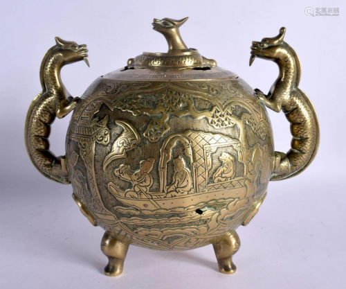A RARE 19TH CENTURY CHINESE TWIN HANDLED BRONZE CENSER AND C...