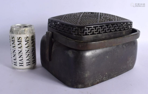 A RARE LARGE 18TH/19TH CENTURY CHINESE BRONZE HAND WARMER AN...