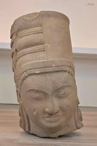 A LARGE STONE SCULPTURE, HEAD OF HARIHARA, INDIAN