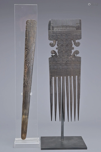 AN AFRICAN SWAHILI CARVED WOODEN TRIBAL COMB AND PAPUA LIME ...