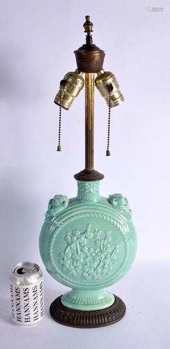 AN EARLY 20TH CENTURY CHINESE CELADON FLASK VASE converted t...