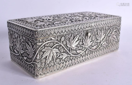 AN ANTIQUE INDIAN WHITE METAL RECTANGULAR BOX decorated with...