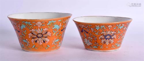 A RARE NEAR PAIR OF 19TH CENTURY CHINESE CORAL GROUND BOWLS ...