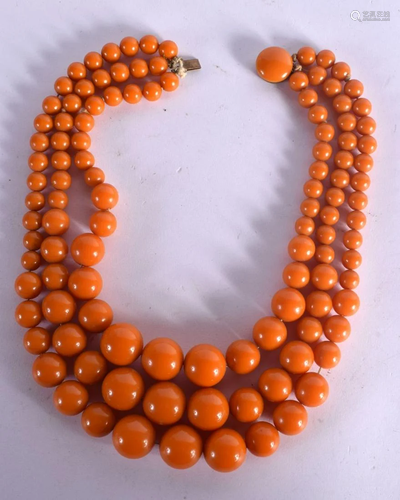 A LOVELY ART DECO TANGERINE ORANGE AMBER TYPE TRIPLE BEAD NE...