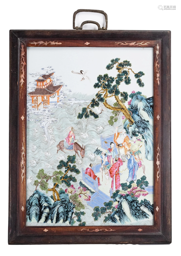 A CHINESE FRAMED PORCELAIN TILE, 19TH CENTURY