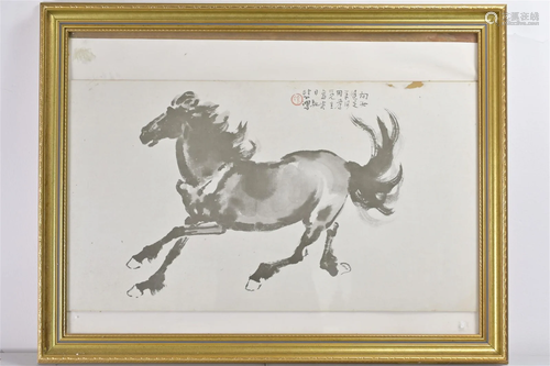 A FRAMED PRINT ON PAPER OF HORSE