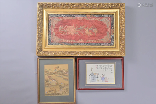 CHINESE FRAMED PAINTING AND EMBROIDERIES, 19/20TH CENTURY