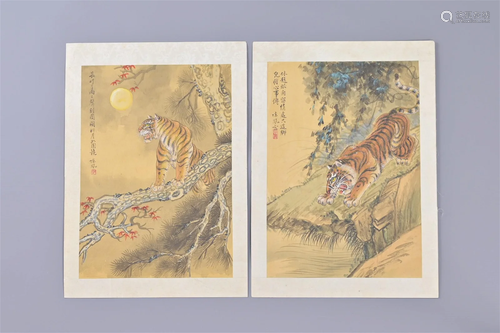 PAIR OF CHINESE PAINTINGS ON SILK OF TIGERS, 20TH CENTURY