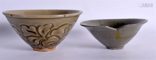 TWO EARLY CHINESE CELADON BOWLS. Largest 7 cm diameter. (2)