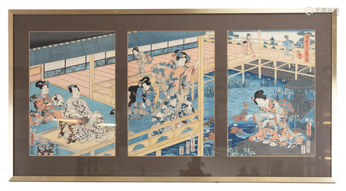 JAPANESE TRIPTYCH WOODBLOCK PRINT, UTAGAWA KUNISADA (TOYOKUN...