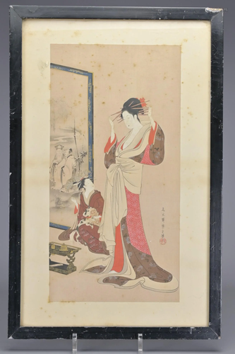 JAPANESE WOODBLOCK PRINT OR PAINTING ON SILK, CHOBUNSAI EISH...