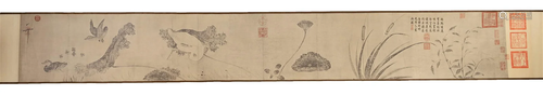 A CHINESE PRINT IN SCROLL, AUTUMN COLORS ON AN EMBANKMENT