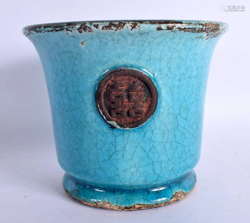 A CHINESE BLUE GLAZED FLOWER POT 20th Century. 12 cm x 12 cm...