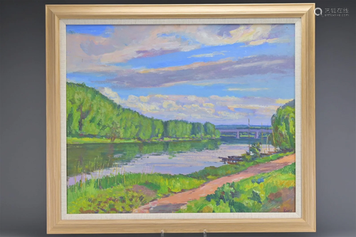 OIL ON BOARD OF RIVER SCENE