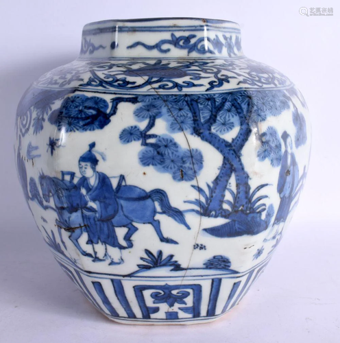 A 16TH/17TH CENTURY CHINESE BLUE AND WHITE HEXAGONAL JARLET ...