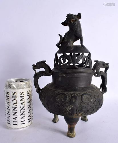 A 17TH/18TH CENTURY CHINESE TWIN HANDLED BRONZE CENSER AND C...