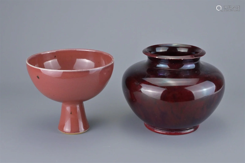 TWO RED GLAZED STUDIO ART POTTERY ITEMS