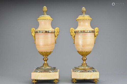 A PAIR OF FRENCH ALABASTER MANTLE URNS