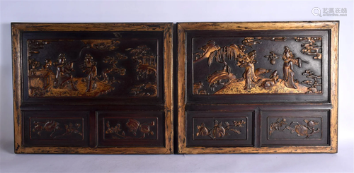 A PAIR OF 19TH CENTURY CHINESE CARVED AND LACQUERED WOOD PAN...