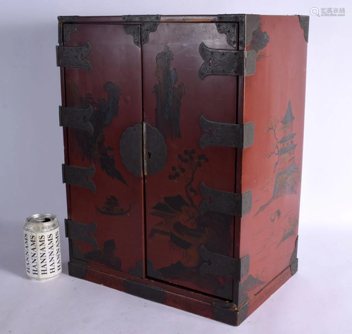 A LARGE EARLY 20TH CENTURY CHINESE RED LACQUERED TABLE CABIN...