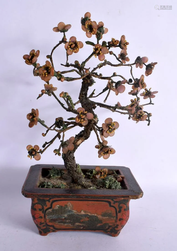 AN EARLY 20TH CENTURY CHINESE CARVED AND LACQUERED BONZAI TR...