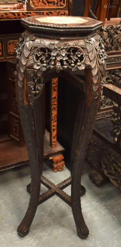 A 19TH CENTURY CHINESE CARVED HARDWOOD MARBLE INSET STAND. 9...