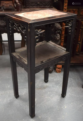 A 19TH CENTURY CHINESE CARVED HARDWOOD MARBLE INSET STAND. 8...