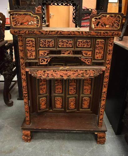 A LATE 19TH CENTURY CHINESE CARVED AND LACQUERED WOOD SHRINE...