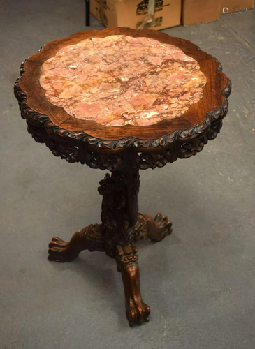 A 19TH CENTURY CHINESE CARVED HARDWOOD MARBLE INSET TABLE Qi...