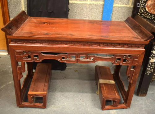 AN EARLY 20TH CENTURY CHINESE CARVED HARDWOOD TABLE. 65 cm x...