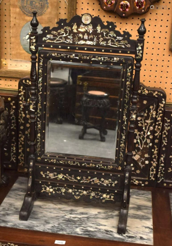 A 19TH CENTURY CHINESE HARDWOOD MARBLE INLAID MIRROR. 82 cm ...