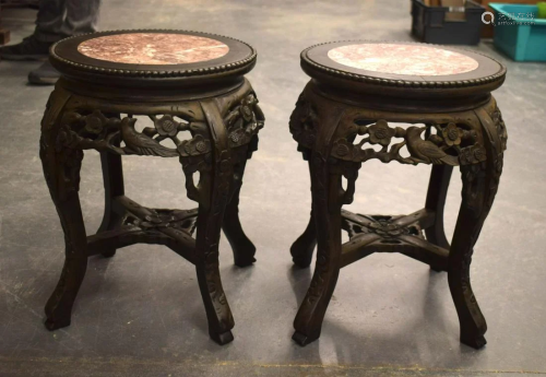 A SMALL PAIR OF 19TH CENTURY CHINESE MARBLE INSET HARDWOOD S...