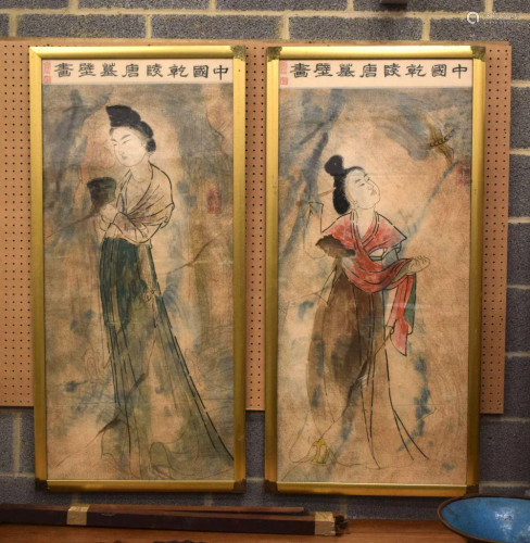 A LARGE PAIR OF EARLY 20TH CENTURY CHINESE KOREAN WATERCOLOR...
