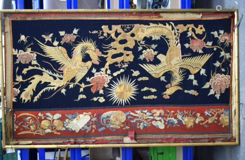 A VERY LARGE 19TH CENTURY CHINESE CARVED SILK WORK PANEL dep...
