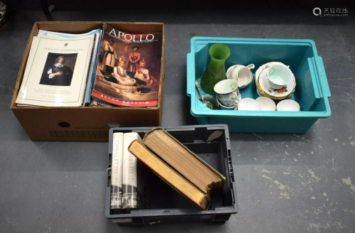 THREE BOXES OF BOOKS and a tea set. (qty)